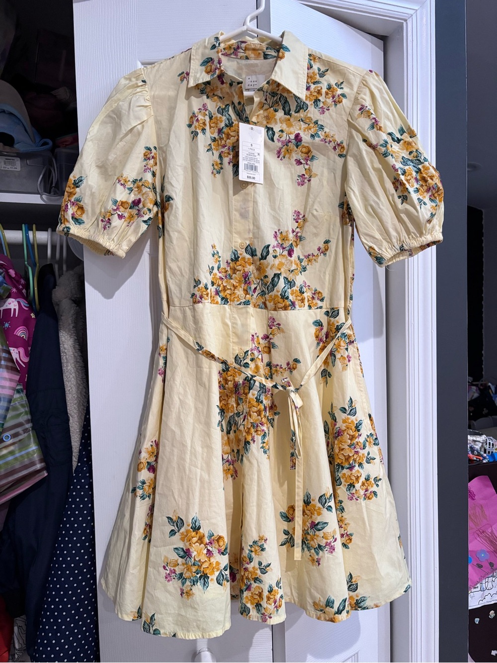 a new day Women's Yellow Floral Shirt Dress with Belt Size Small NWT - Picture 2 of 6